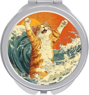 Japanese Cat Ocean Wave Compact Makeup Mirror Mini Foldable Cosmetic Mirror Portable Travel Mirror for Purse Pocket