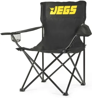 JEGS Folding Chair | Black Canvas With JEGS Logo | Black Powder Coated Frame | Capacity 250 LBS | Total Height 36” | Includes Mesh Cup Holder And Storage Bag With Strap