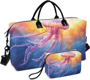 Jellyfish Floating Blue Travel Duffel Bag Gym Bag Sports Tote Bag with Multiple Interior Pockets Shoulder Weekender Bag for Women Men with Toiletry Bag 20.5”x 7.9”x 13.8”