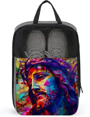 Jesus Christ with The Crown of Thorns Stained Glass Shoe Bag for Travel Daily Use Anti-dust Storage Carrier Golf Shoe Pouch