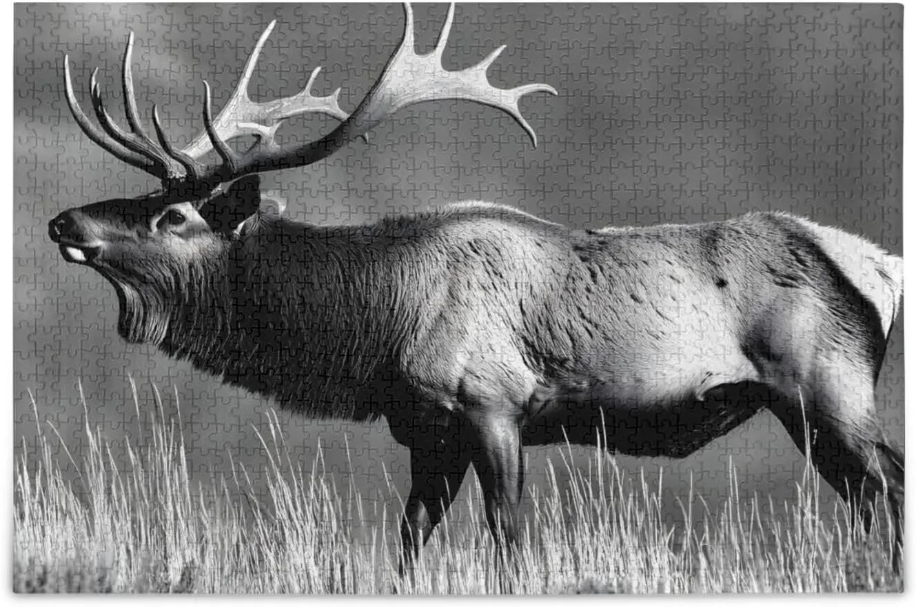 Jigsaw Puzzle Elk Grassland Black White for Adults 500 Pieces, Extremely Challenging and Difficult Puzzle for Family Games, Party Entertainment, and Brain Teasing Fun