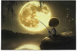 Jigsaw Puzzle Skeleton Fishing Moon Funny for Adults 1000 Pieces, Extremely Challenging and Difficult Puzzle for Family Games, Party Entertainment, and Brain Teasing Fun