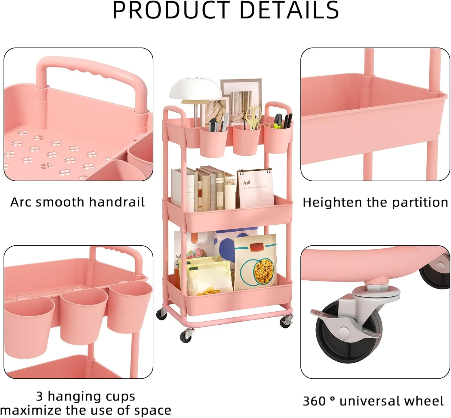 JIUYOTREE 3-Tier Plastic Rolling Storage Cart Utility Cart with Extra Hanging Cups Handles Lockable Wheels for Living Room Bathroom Kitchen Office Pink