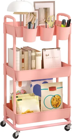 JIUYOTREE 3-Tier Plastic Rolling Storage Cart Utility Cart with Extra Hanging Cups Handles Lockable Wheels for Living Room Bathroom Kitchen Office Pink