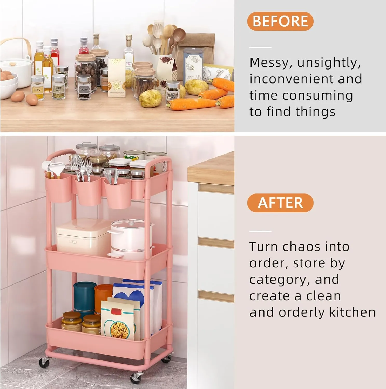 JIUYOTREE 3-Tier Plastic Rolling Storage Cart Utility Cart with Extra Hanging Cups Handles Lockable Wheels for Living Room Bathroom Kitchen Office Pink
