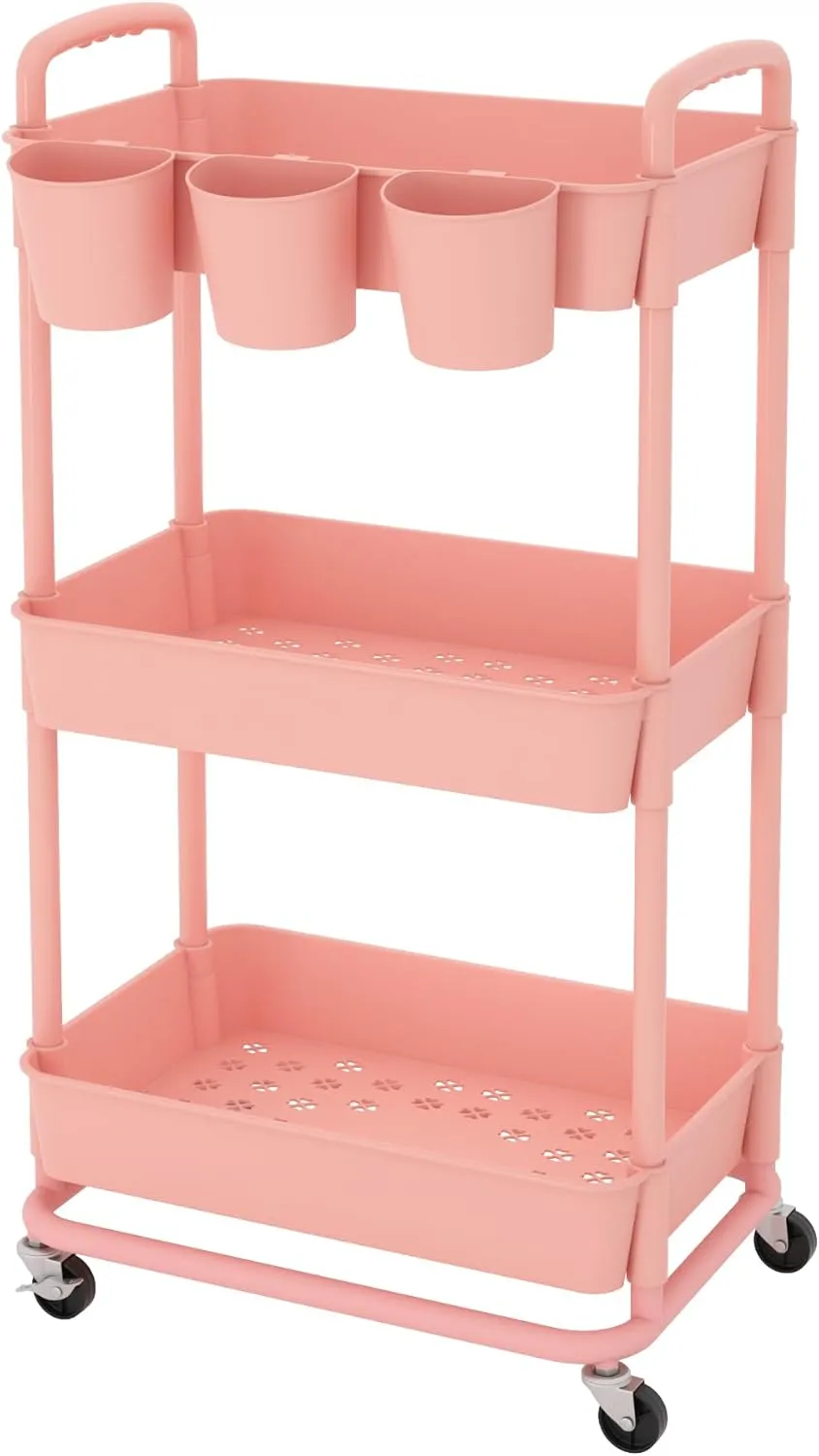 JIUYOTREE 3-Tier Plastic Rolling Storage Cart Utility Cart with Extra Hanging Cups Handles Lockable Wheels for Living Room Bathroom Kitchen Office Pink