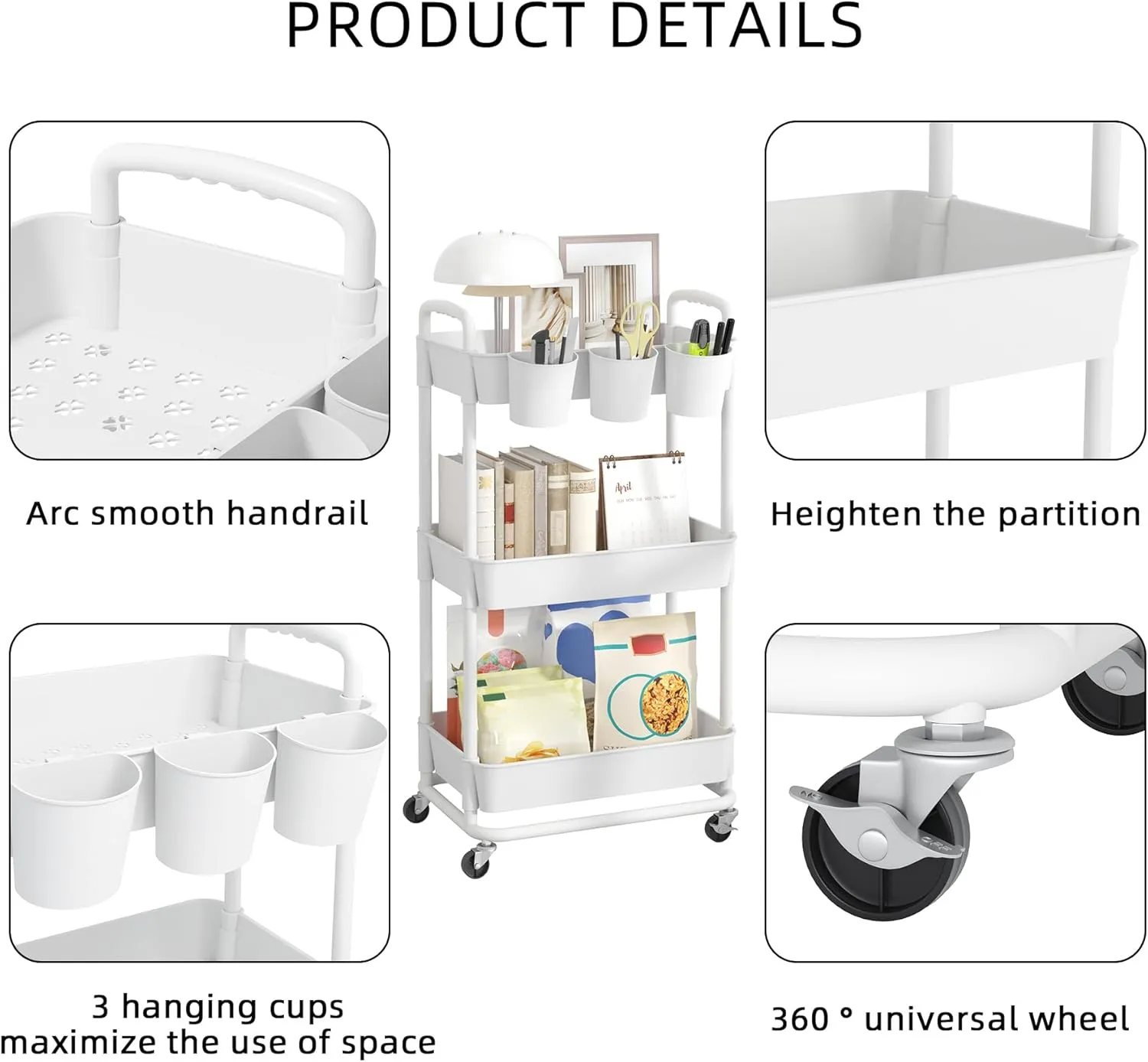 JIUYOTREE 3-Tier Plastic Rolling Storage Cart Utility Cart with Extra Hanging Cups Handles Lockable Wheels for Living Room Bathroom Kitchen Office White