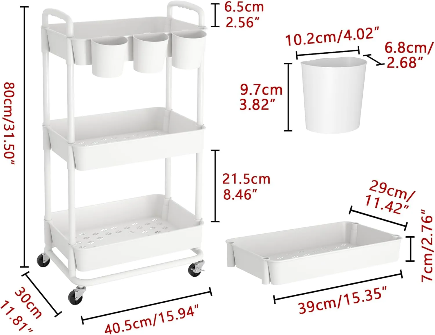 JIUYOTREE 3-Tier Plastic Rolling Storage Cart Utility Cart with Extra Hanging Cups Handles Lockable Wheels for Living Room Bathroom Kitchen Office White