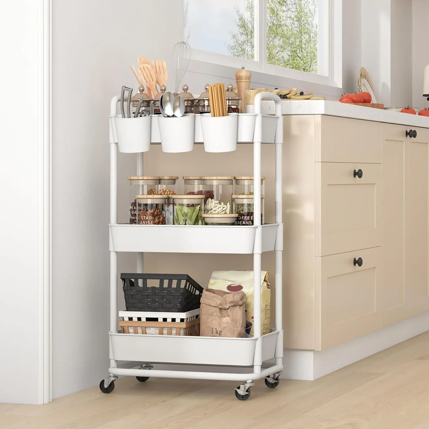 JIUYOTREE 3-Tier Plastic Rolling Storage Cart Utility Cart with Extra Hanging Cups Handles Lockable Wheels for Living Room Bathroom Kitchen Office White