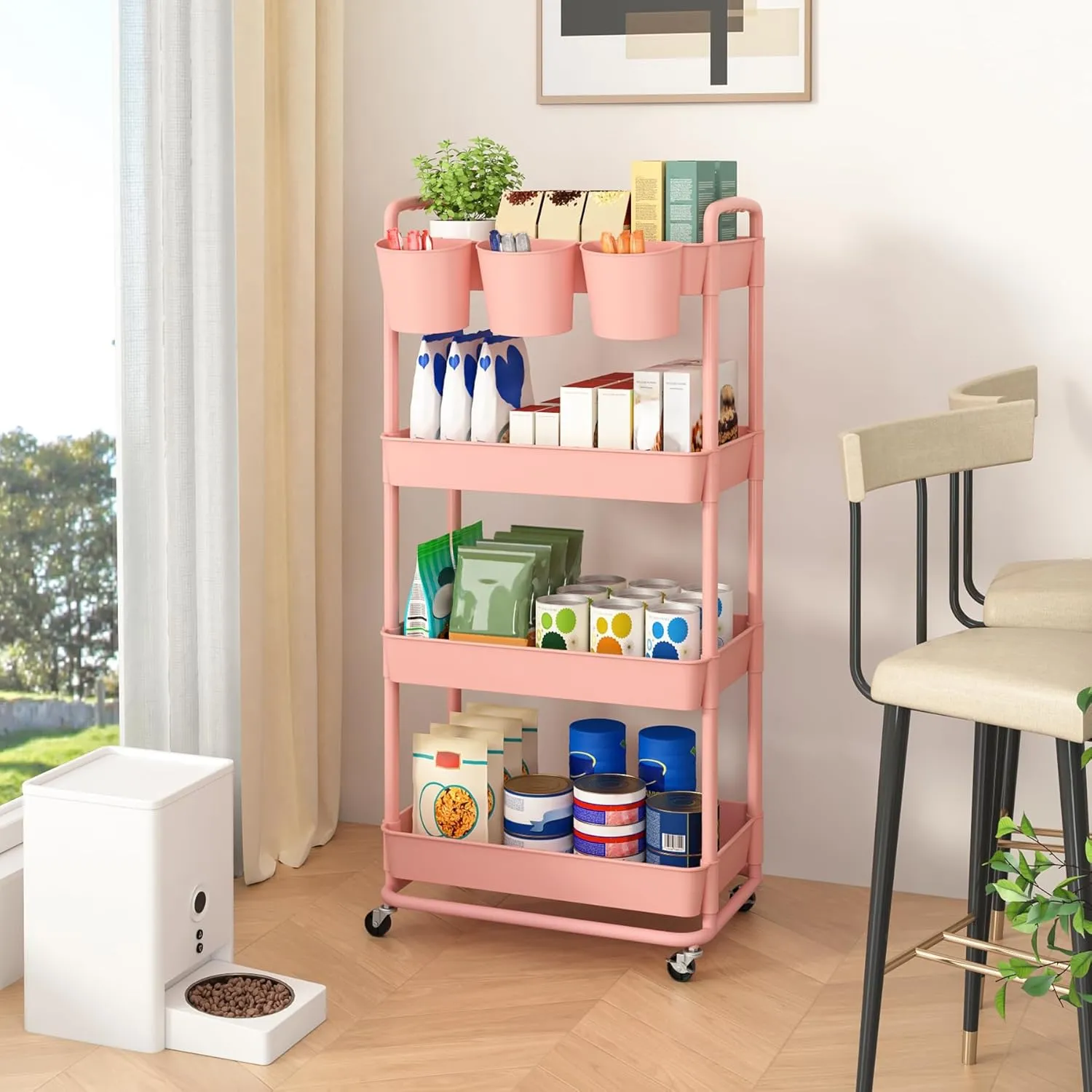 JIUYOTREE 4-Tier Plastic Rolling Storage Cart Utility Cart with Extra Hanging Cups Handles Lockable Wheels for Living Room Bathroom Kitchen Office Pink