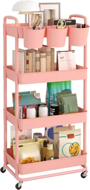 JIUYOTREE 4-Tier Plastic Rolling Storage Cart Utility Cart with Extra Hanging Cups Handles Lockable Wheels for Living Room Bathroom Kitchen Office Pink
