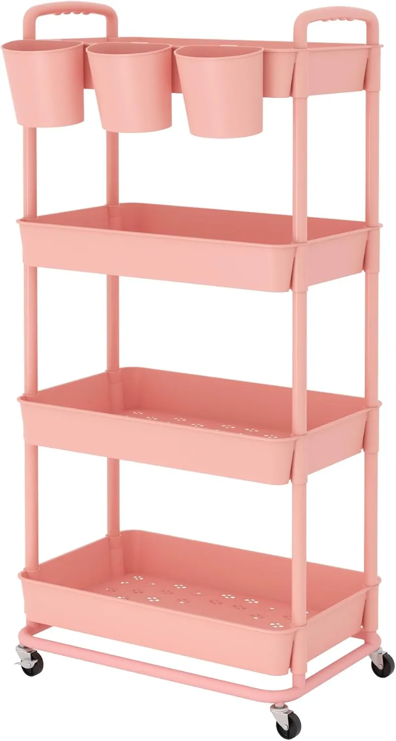 JIUYOTREE 4-Tier Plastic Rolling Storage Cart Utility Cart with Extra Hanging Cups Handles Lockable Wheels for Living Room Bathroom Kitchen Office Pink