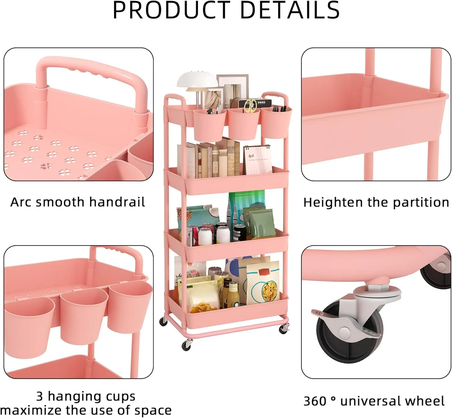 JIUYOTREE 4-Tier Plastic Rolling Storage Cart Utility Cart with Extra Hanging Cups Handles Lockable Wheels for Living Room Bathroom Kitchen Office Pink