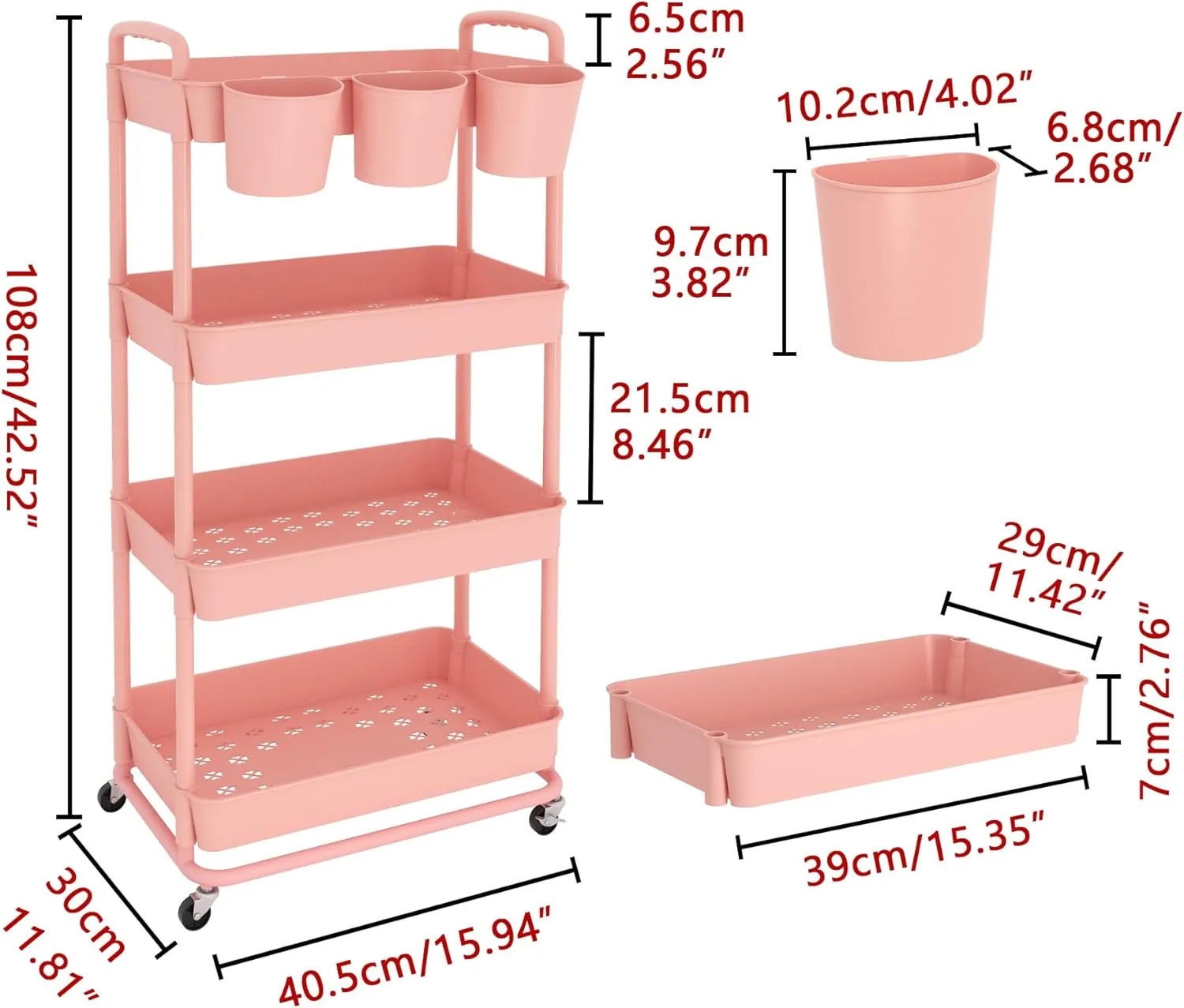 JIUYOTREE 4-Tier Plastic Rolling Storage Cart Utility Cart with Extra Hanging Cups Handles Lockable Wheels for Living Room Bathroom Kitchen Office Pink