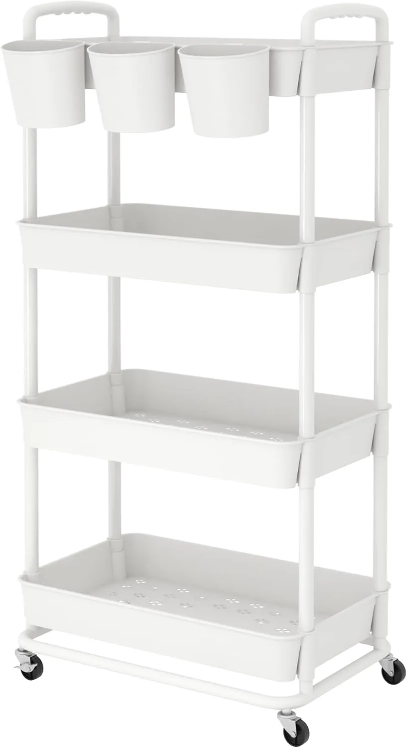 JIUYOTREE 4-Tier Plastic Rolling Storage Cart Utility Cart with Extra Hanging Cups Handles Lockable Wheels for Living Room Bathroom Kitchen Office White