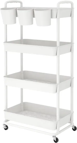 JIUYOTREE 4-Tier Plastic Rolling Storage Cart Utility Cart with Extra Hanging Cups Handles Lockable Wheels for Living Room Bathroom Kitchen Office White