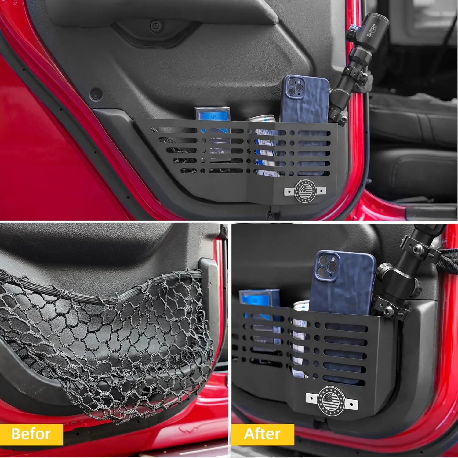 JL Rear Door Storage Box, US Flag Metal Rear Door Pocket for Wrangler JL/JLU 4XE 2018-2024 & Gladiator JT 2020-2024 Side Insert Organizer Box Pockets