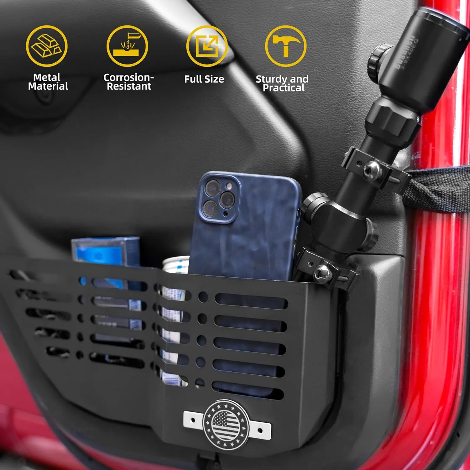 JL Rear Door Storage Box, US Flag Metal Rear Door Pocket for Wrangler JL/JLU 4XE 2018-2024 & Gladiator JT 2020-2024 Side Insert Organizer Box Pockets