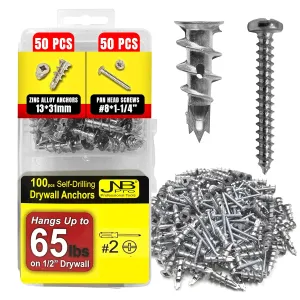JNB Pro 100 Pieces Zinc Dry Wall Anchors and Screws Kit Metal - 50 Pcs Self Drilling Anchors and 50 Pcs #8 x 1-1/4" Screws, Heavy Duty 65lb Capacity, No Need for Studs