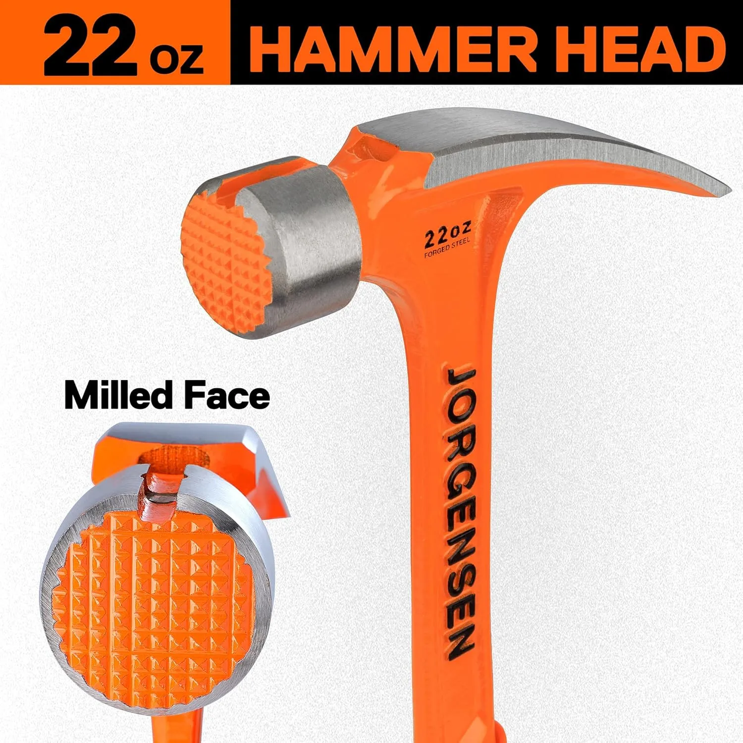 Jorgensen 22 oz Framing Hammer, Straight Claw Hammer with Magnetic Nail Holder, Rip Claw Hammer with Milled Face & Shock Reduction Grip, Heavy Duty One-piece Forged Hammer