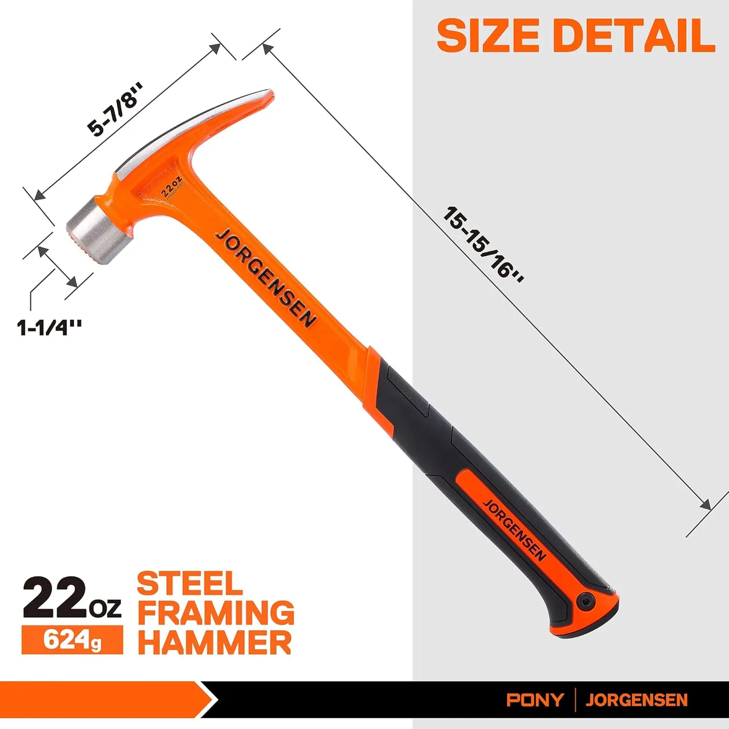 Jorgensen 22 oz Framing Hammer, Straight Claw Hammer with Magnetic Nail Holder, Rip Claw Hammer with Milled Face & Shock Reduction Grip, Heavy Duty One-piece Forged Hammer