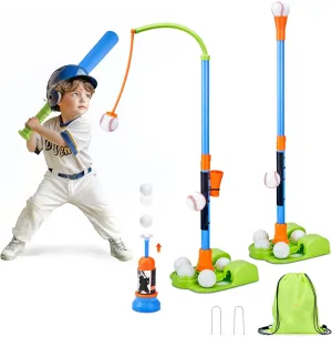JoyCat 3-in-1 T Ball Sets for Kids 3-5, Toddler Baseball Set with Tee Ball Stand, Hanging Tee, Auto Launcher, and 6 Softballs, Adjustable Height Indoor/Outdoors Sports Toys Gifts for Boys Girls