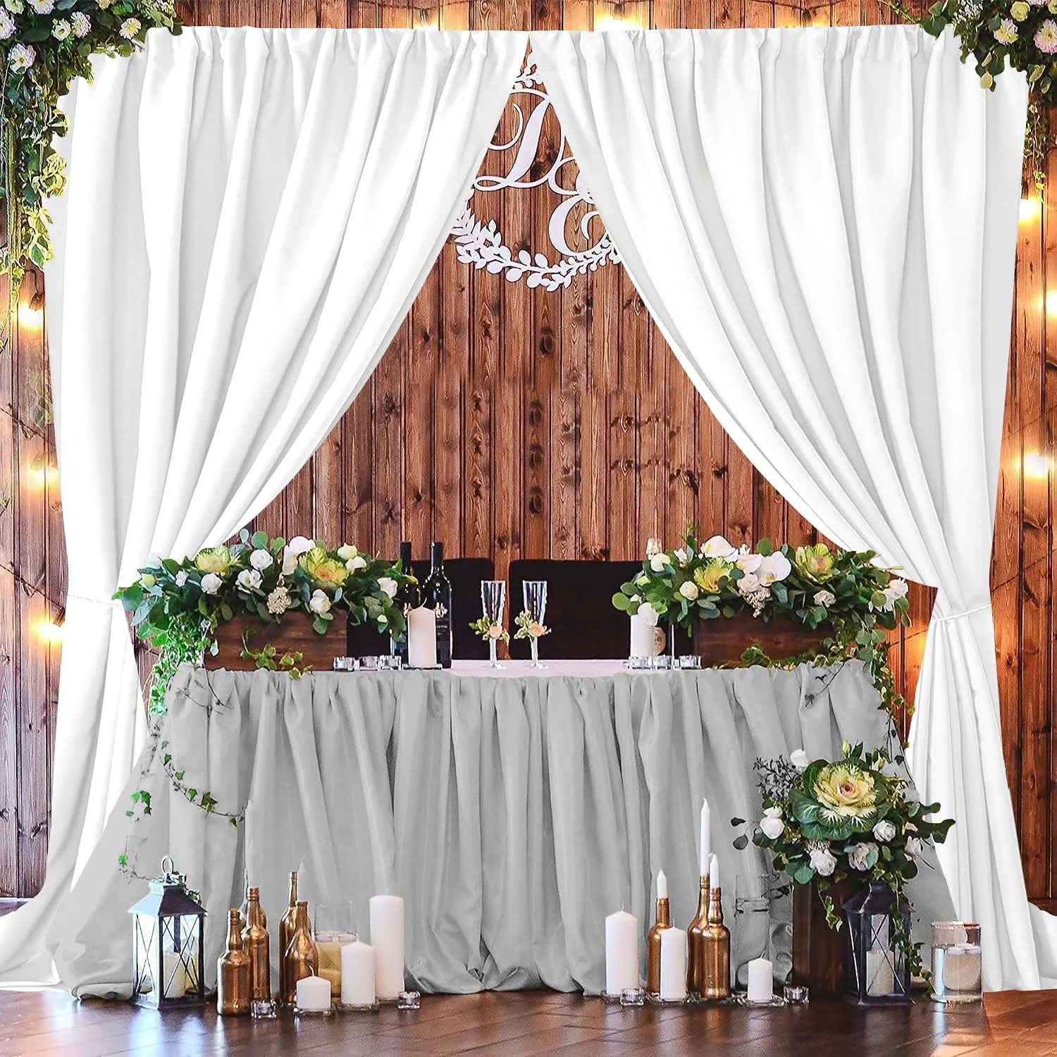 Joydeco White Curtains Backdrop for Wedding Parties, Photo Backdrop Curtains for Wedding Decorations Birthday, Wrinkle Free Polyester 5ft x 10ft Fabric Drape 2 Panels with Rod Pockets