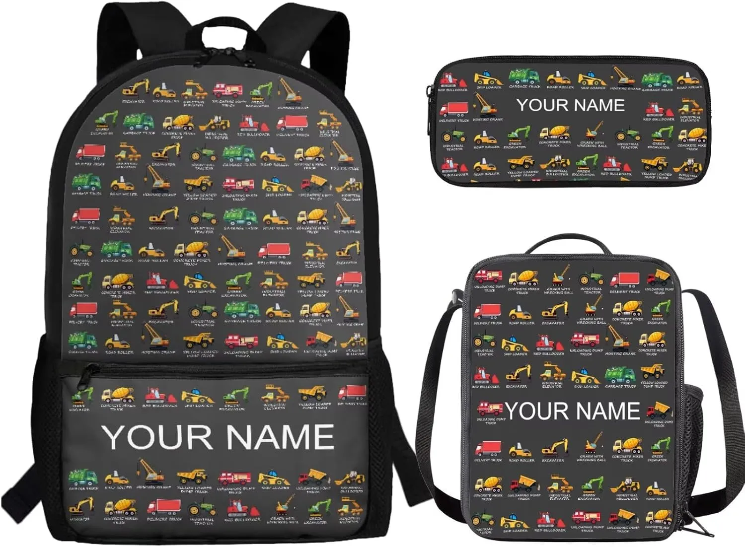 JoyLamoria Kids Custom Gray Engineering Vehicle Backpack Practical Lunch Bag Fashion Pencil Case Portable 3pcs Trendy Camping