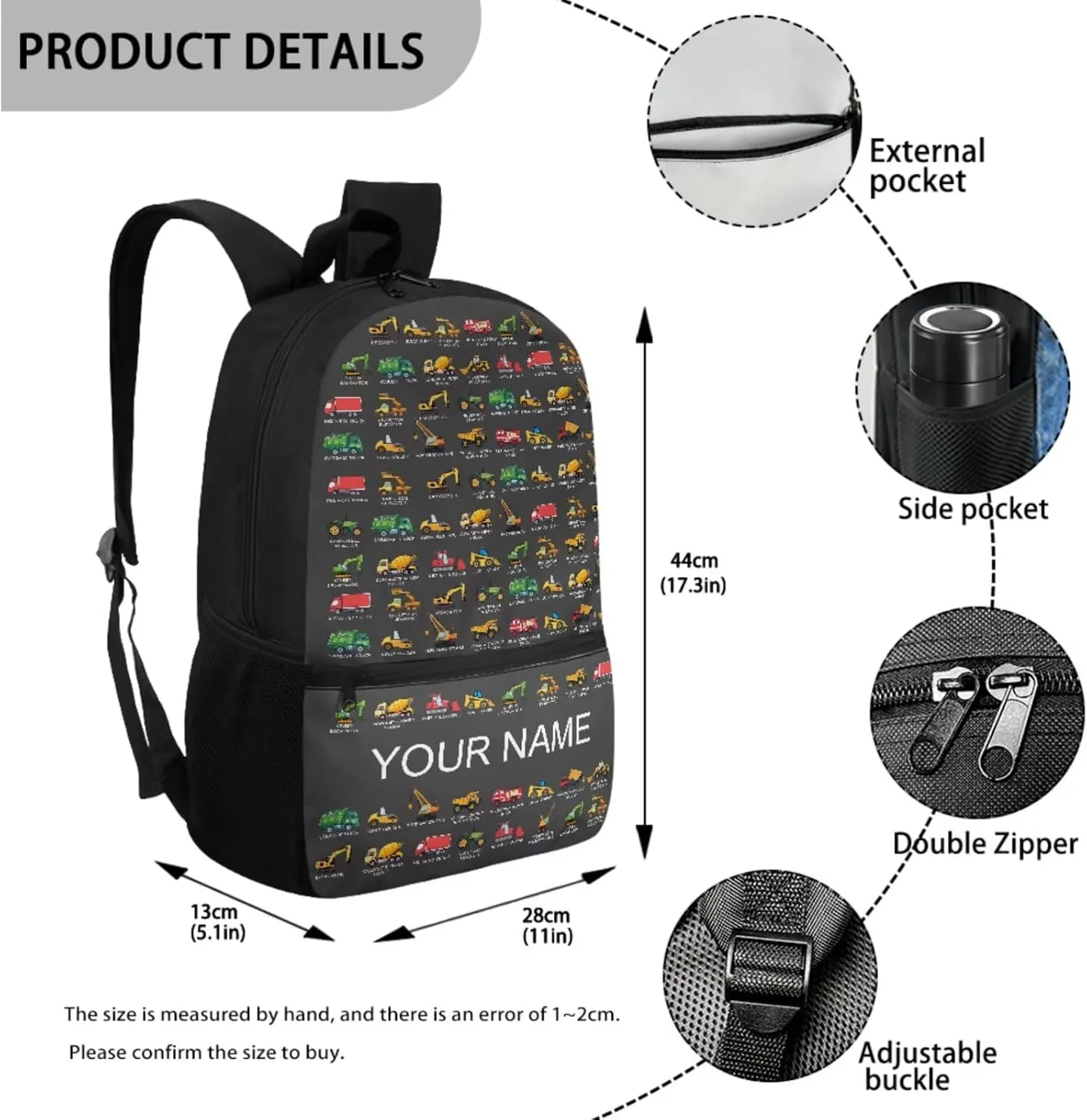 JoyLamoria Kids Custom Gray Engineering Vehicle Backpack Practical Lunch Bag Fashion Pencil Case Portable 3pcs Trendy Camping