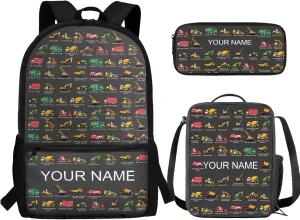 JoyLamoria Kids Custom Gray Engineering Vehicle Backpack Practical Lunch Bag Fashion Pencil Case Portable 3pcs Trendy Camping
