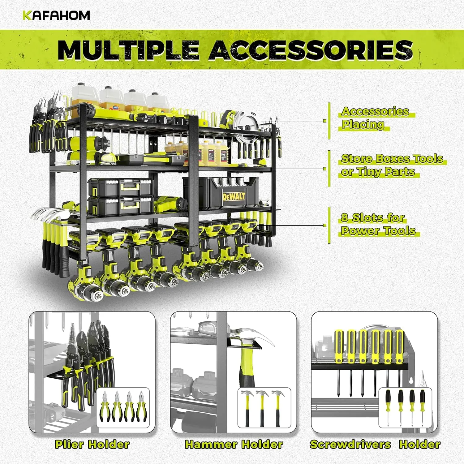 KAFAHOM Power Tool Organizer, 8 Drill Holder Wall Mount, 4 Layers Garage Tool Organizers and Storage Rack, Tool Shelf with Screwdriver/Plier/Hammer Holder
