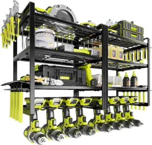 KAFAHOM Power Tool Organizer, 8 Drill Holder Wall Mount, 4 Layers Garage Tool Organizers and Storage Rack, Tool Shelf with Screwdriver/Plier/Hammer Holder