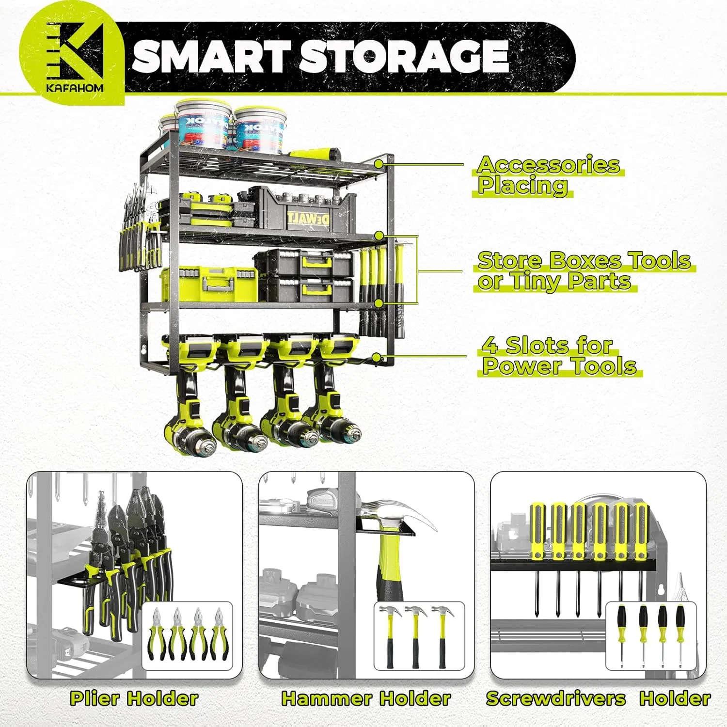 KAFAHOM Power Tool Organizer, Garage Tool Organizers and Storage,Drill Holder Wall Mount, Storage Rack for Cordless Drill, Heavy Duty Tool shelf with Screwdriver Holder/Pliers Holder/Hammer Holder