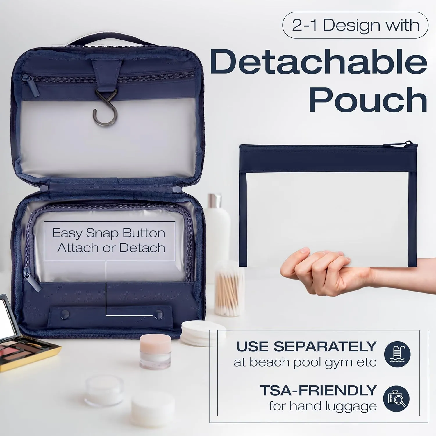 KAZAY Hanging Toiletry Bag with TSA Approved Detachable Pouch, Travel Toiletry Bag, Water Resistant, Premium Nylon, Full-Size Bottles, Travel Size Toiletries, Cosmetic Bag, Makeup Bag, Unisex (Navy)