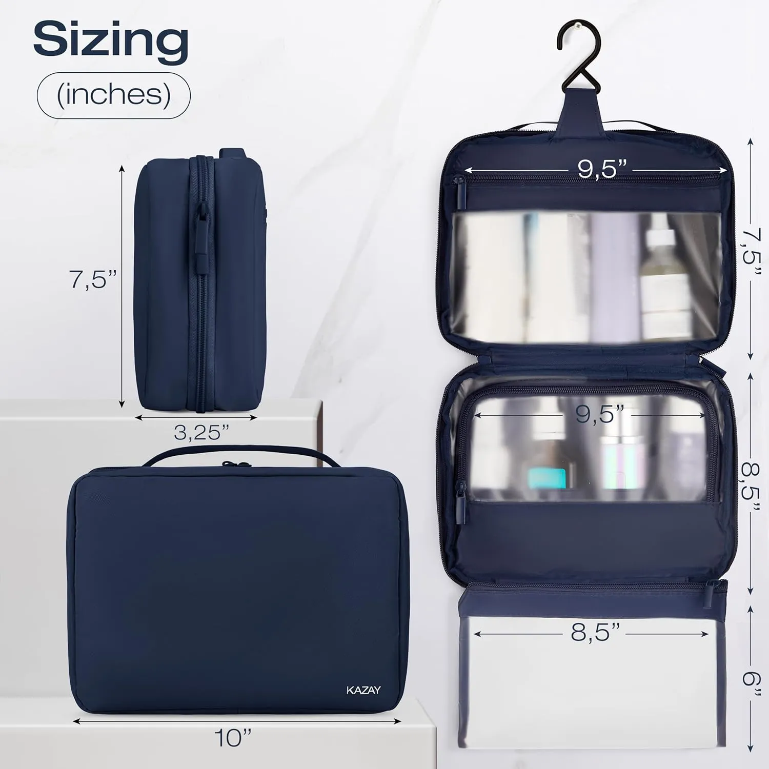 KAZAY Hanging Toiletry Bag with TSA Approved Detachable Pouch, Travel Toiletry Bag, Water Resistant, Premium Nylon, Full-Size Bottles, Travel Size Toiletries, Cosmetic Bag, Makeup Bag, Unisex (Navy)
