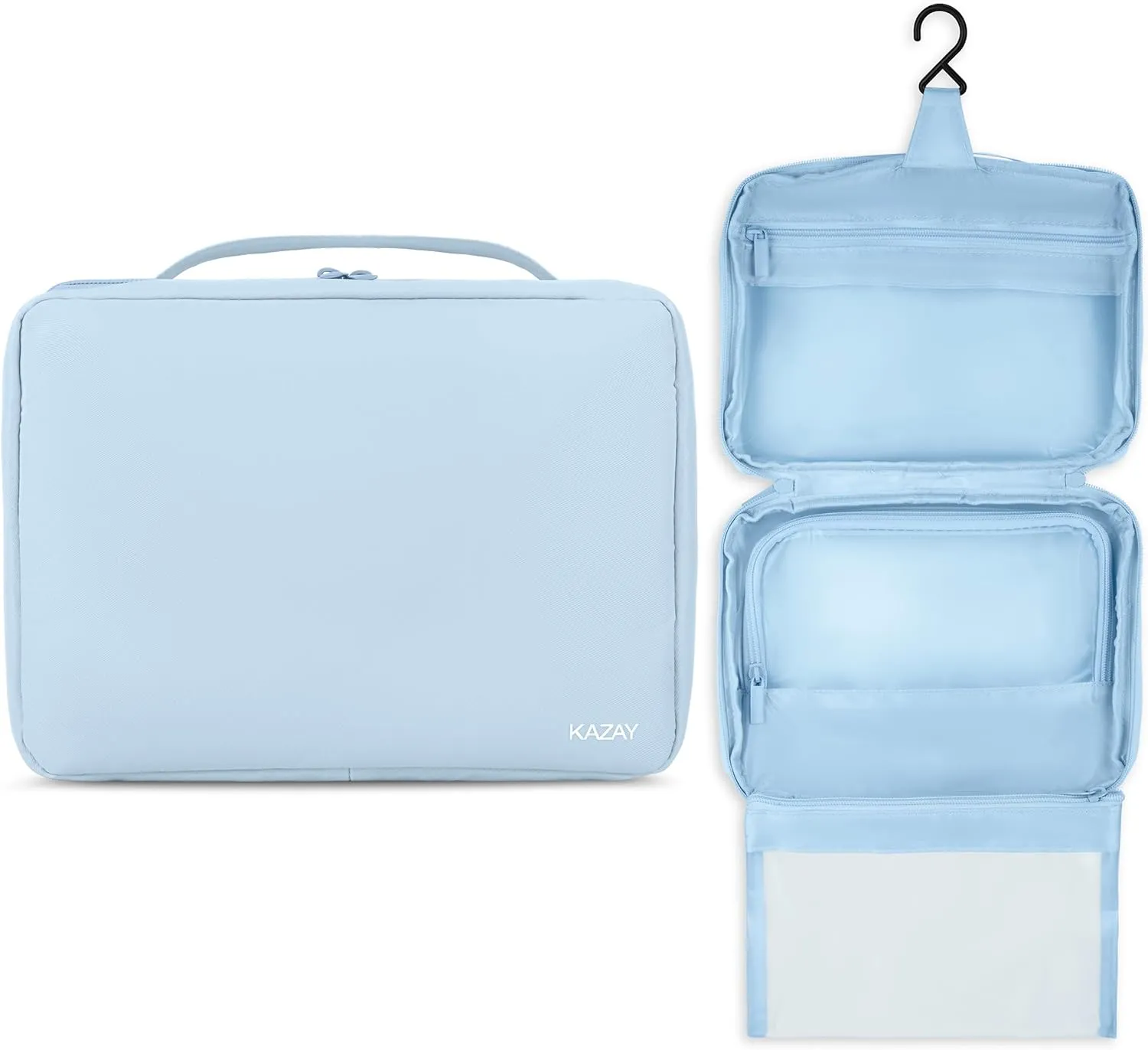 KAZAY Hanging Toiletry Bag with TSA Approved Detachable Pouch, Travel Toiletry Bag, Water Resistant, Premium Nylon, Full-Size Bottles, Travel Size Toiletries, Cosmetic Bag, Unisex (Light Blue)