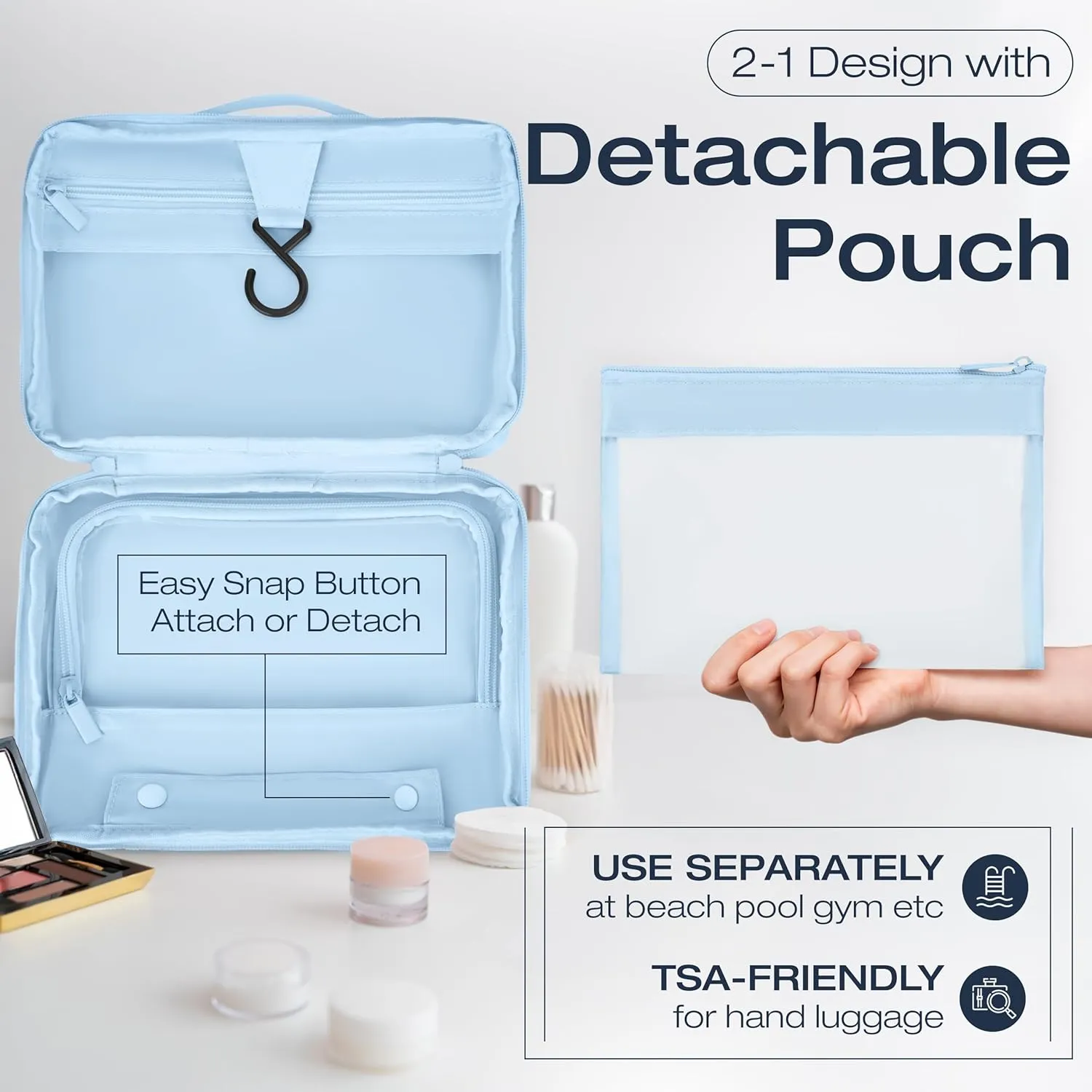 KAZAY Hanging Toiletry Bag with TSA Approved Detachable Pouch, Travel Toiletry Bag, Water Resistant, Premium Nylon, Full-Size Bottles, Travel Size Toiletries, Cosmetic Bag, Unisex (Light Blue)