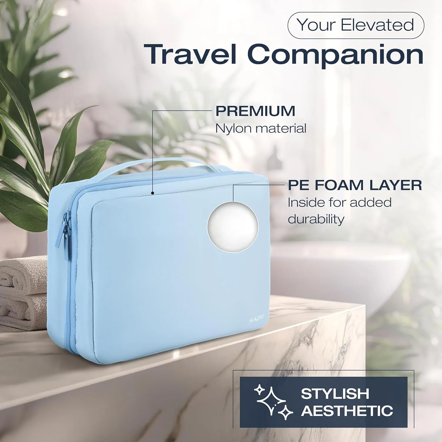 KAZAY Hanging Toiletry Bag with TSA Approved Detachable Pouch, Travel Toiletry Bag, Water Resistant, Premium Nylon, Full-Size Bottles, Travel Size Toiletries, Cosmetic Bag, Unisex (Light Blue)