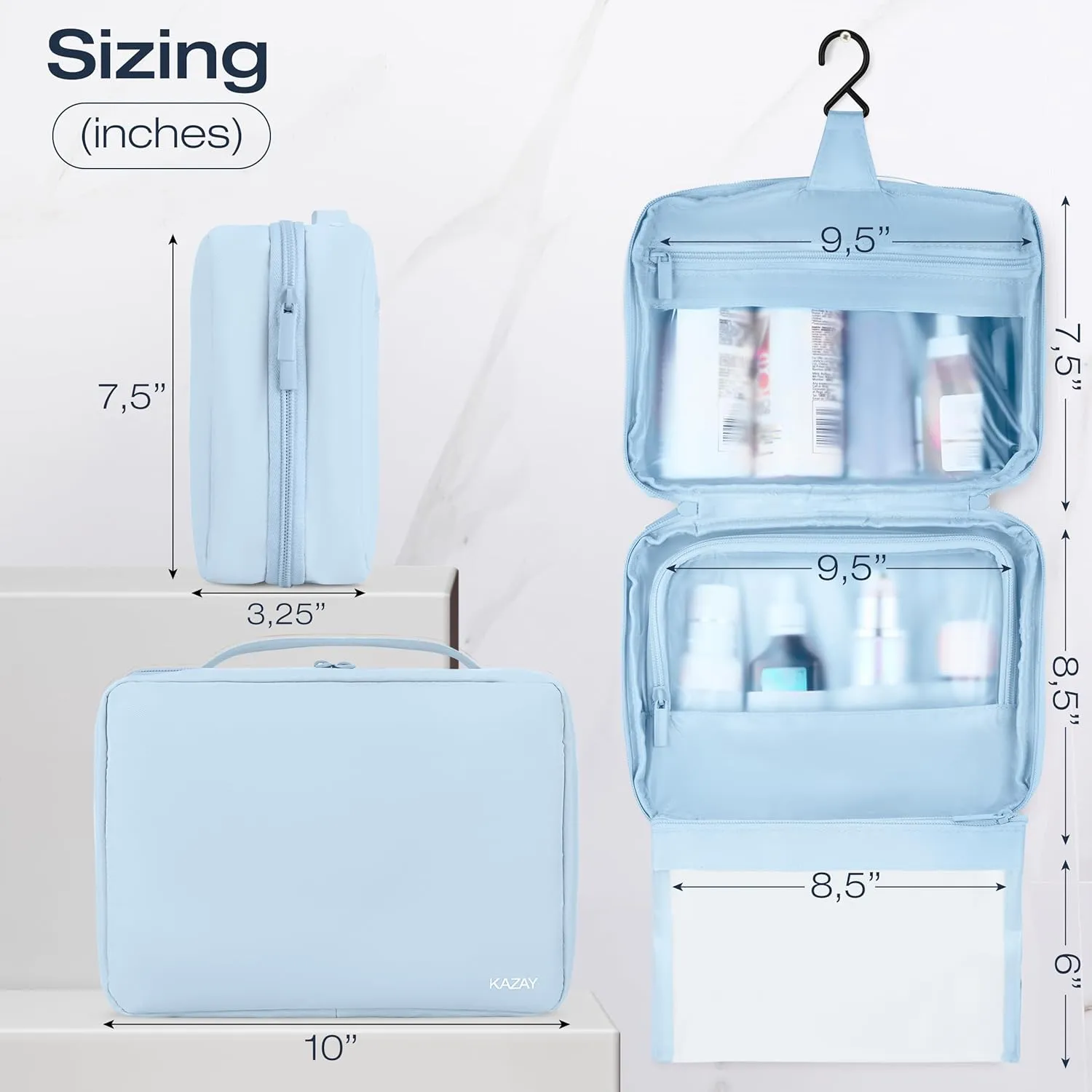 KAZAY Hanging Toiletry Bag with TSA Approved Detachable Pouch, Travel Toiletry Bag, Water Resistant, Premium Nylon, Full-Size Bottles, Travel Size Toiletries, Cosmetic Bag, Unisex (Light Blue)