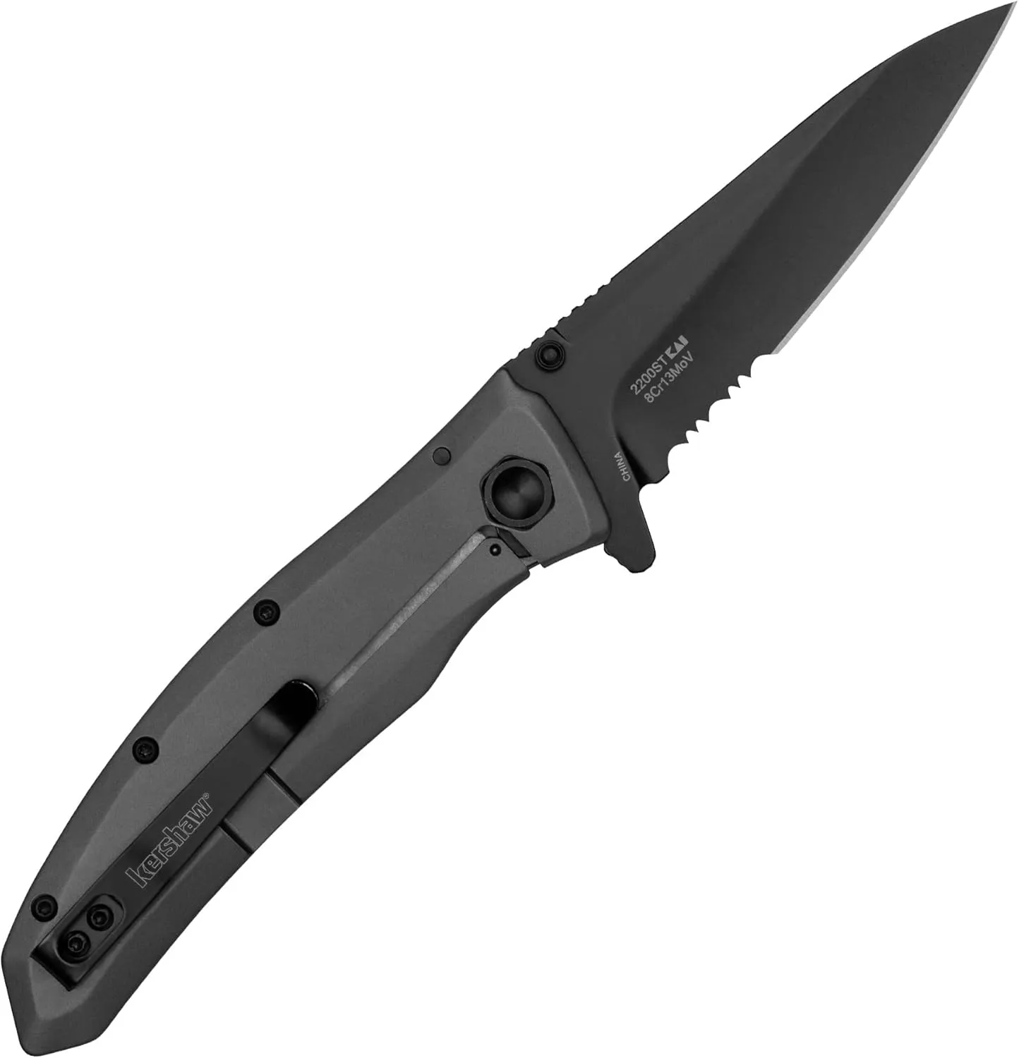 Kershaw Grid Folding Pocket Knife, 3.7 inch Black Serrated Blade, Steel Handle, Pocketclip