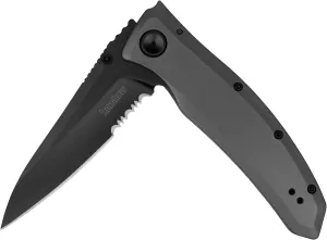 Kershaw Grid Folding Pocket Knife, 3.7 inch Black Serrated Blade, Steel Handle, Pocketclip