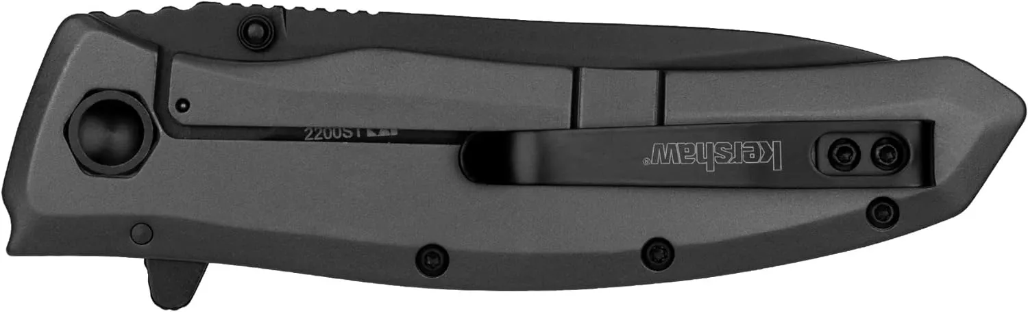 Kershaw Grid Folding Pocket Knife, 3.7 inch Black Serrated Blade, Steel Handle, Pocketclip