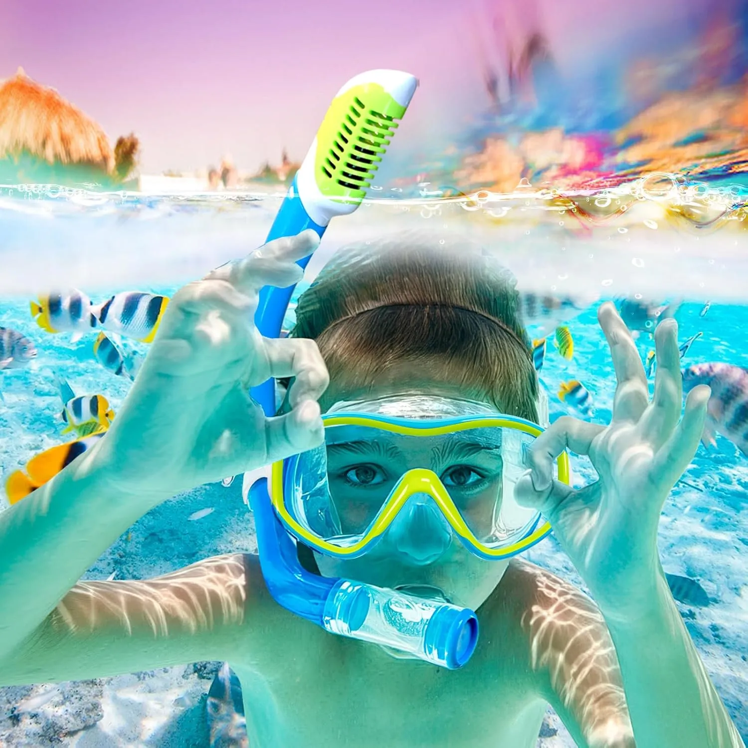 Kids Mask Fins Snorkel Set for Age 5-15,Dry Top Snorkeling Gear for Kids Boys Girls Junior & Youth, Tempered Glass Snorkel Mask with Fins for Swimming Snorkeling