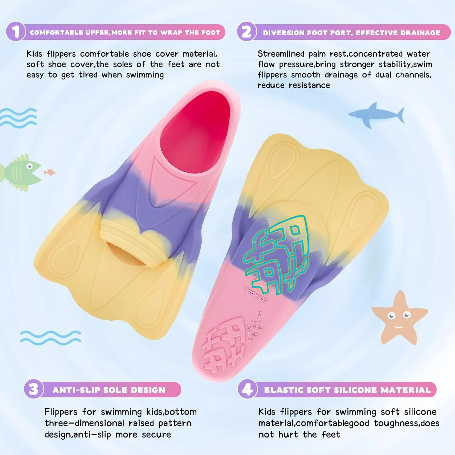 Kids Swim Training Fins, Comfortable Silicone Short Fins for Lap Swimming Flippers, Travel Size Flipper for Kids with Mesh Bag