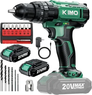 KIMO Hammer Drill - 20V 2X Battery Hammer Drill Cordless Drill Set, 350 In-lb Torque, 3/8" Keyless Chuck, 1350 RPM, 21 3 Position,14pcs Drill/Driver Bits, Power Drill Drivers for Concrete Brick Wall