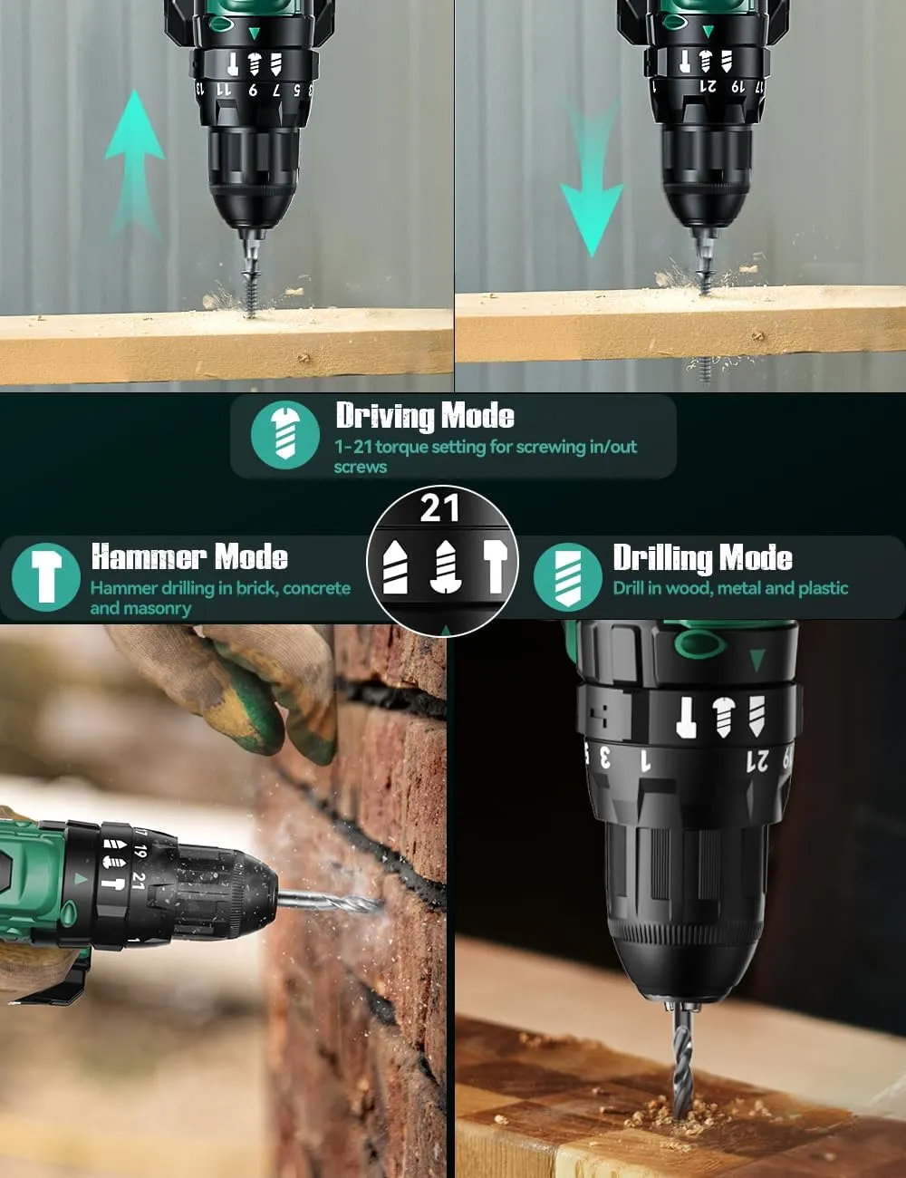 KIMO Hammer Drill - 20V 2X Battery Hammer Drill Cordless Drill Set, 350 In-lb Torque, 3/8" Keyless Chuck, 1350 RPM, 21 3 Position,14pcs Drill/Driver Bits, Power Drill Drivers for Concrete Brick Wall