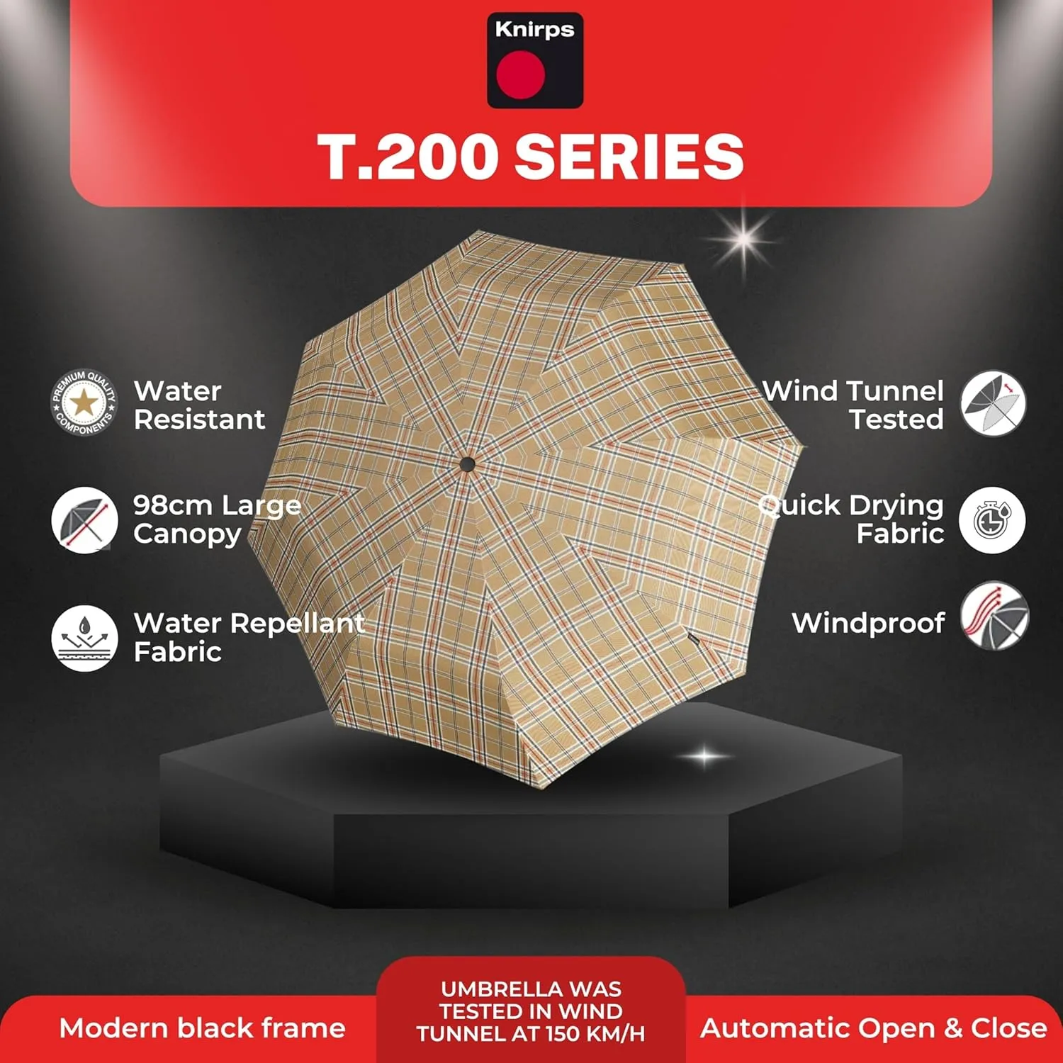 Knirps T.200 Medium Duomatic Automatic Open Close Rain Umbrella - Compact Windproof Umbrella for Rain - Travel Umbrella for Adults - 98cm Diameter Retractable Umbrella & Carrying Case, Check Biege