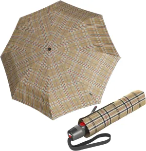 Knirps T.200 Medium Duomatic Automatic Open Close Rain Umbrella - Compact Windproof Umbrella for Rain - Travel Umbrella for Adults - 98cm Diameter Retractable Umbrella & Carrying Case, Check Biege
