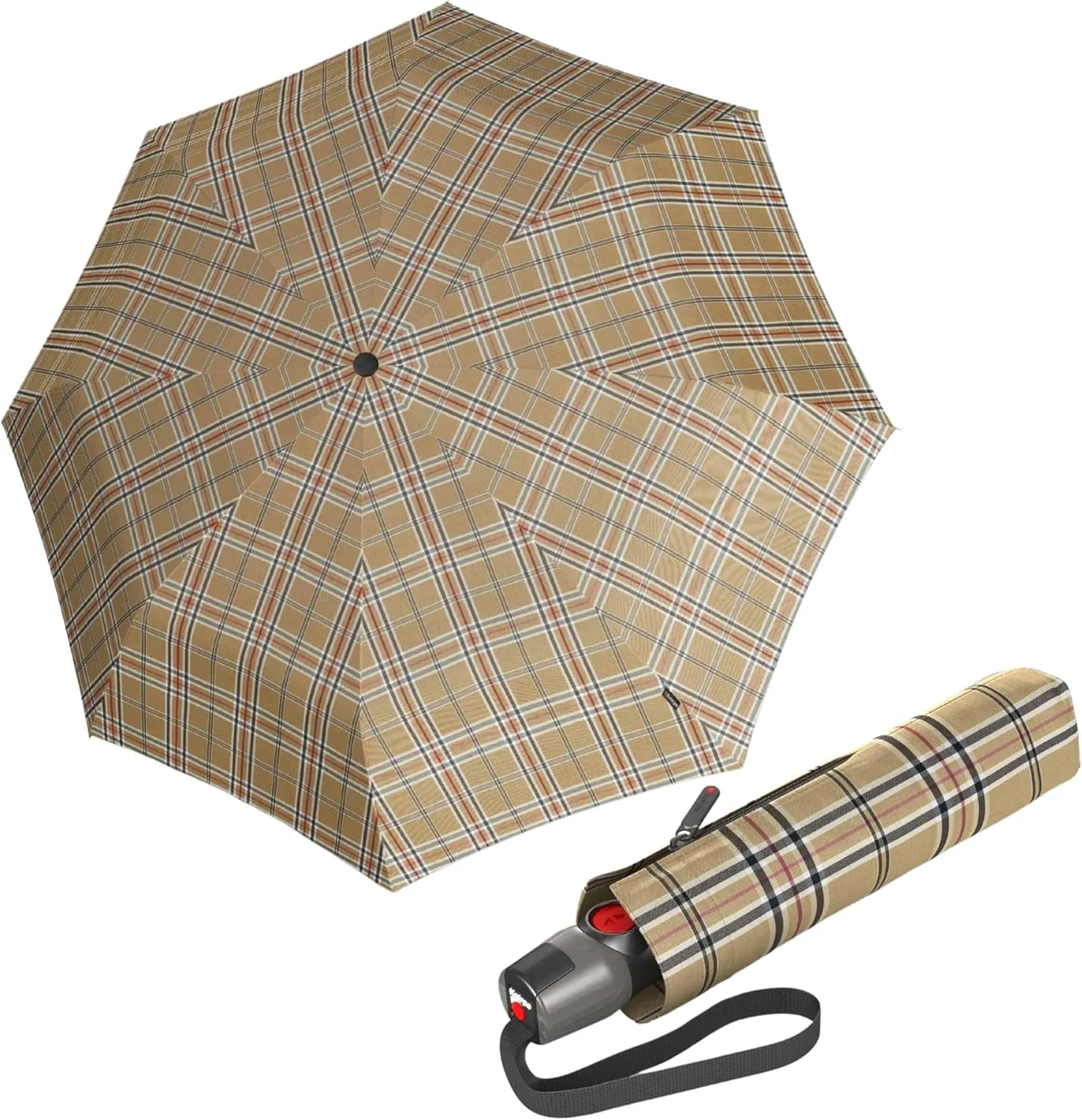Knirps T.200 Medium Duomatic Automatic Open Close Rain Umbrella - Compact Windproof Umbrella for Rain - Travel Umbrella for Adults - 98cm Diameter Retractable Umbrella & Carrying Case, Check Biege