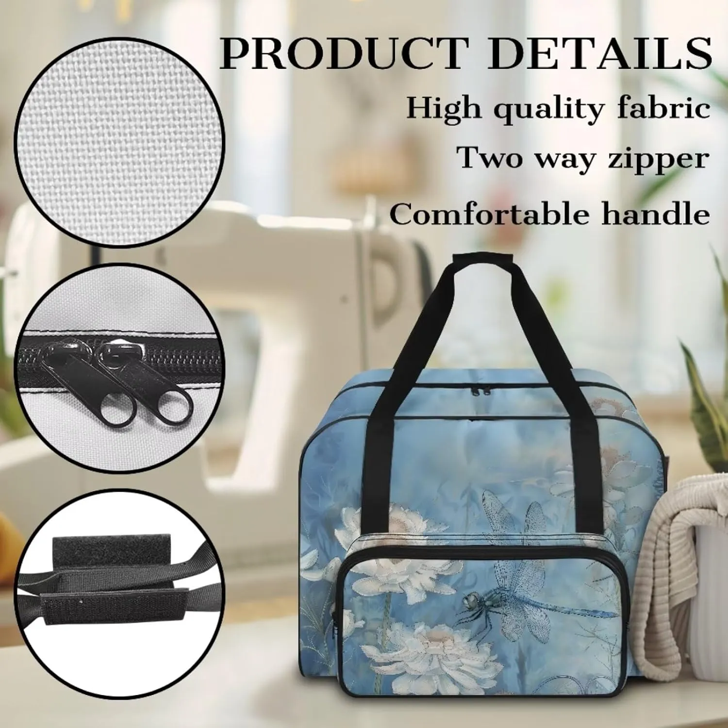 KUIFORT Flower Sewing Machine Bag Dragonfly Sewing Machine Carrying Case Foldable Rolling Sewing Machine Cover for Brother, Singer, Bernina and Most Machines Blue